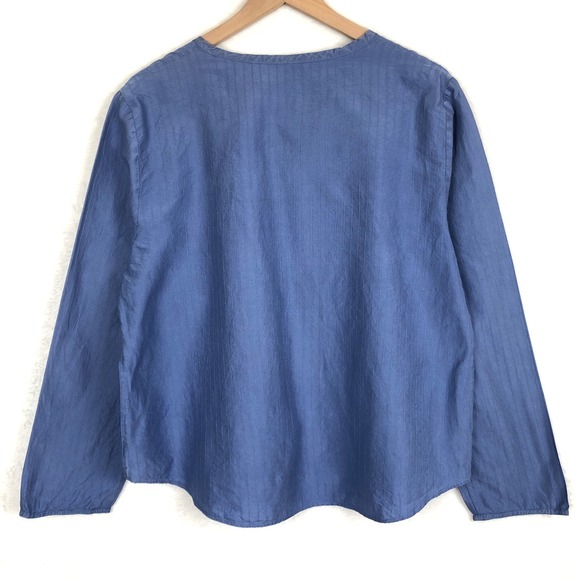 Eileen Fisher Silk Textured Stripe Button Front Top Sz L Blue L/S Minimalist - Picture 2 of 9